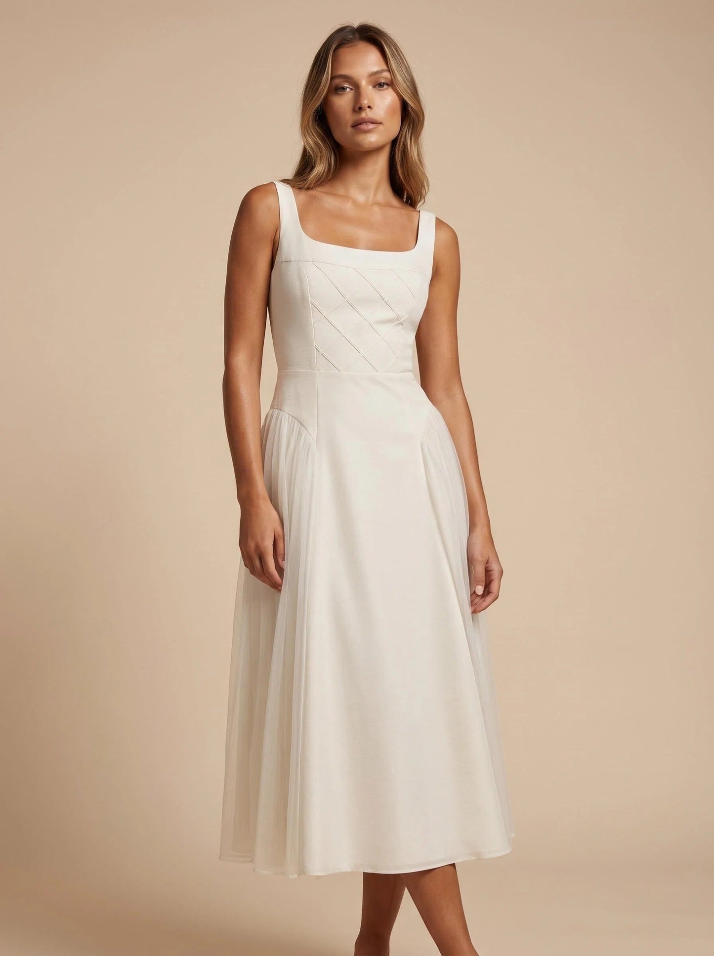 Lunar Ivory Quilted Corset Midi Dress - Moonlit Reverie