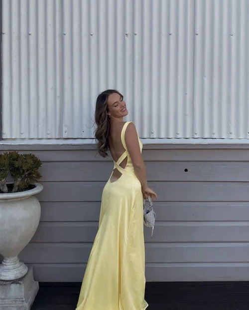 Simple Straps Yellow Backless Long Prom Dress