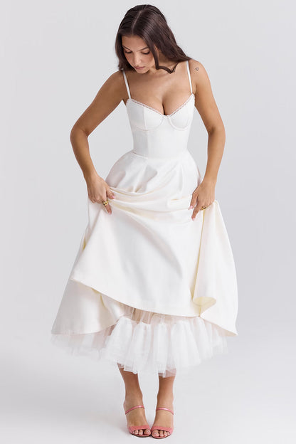 White Satin Corset Midi Dress